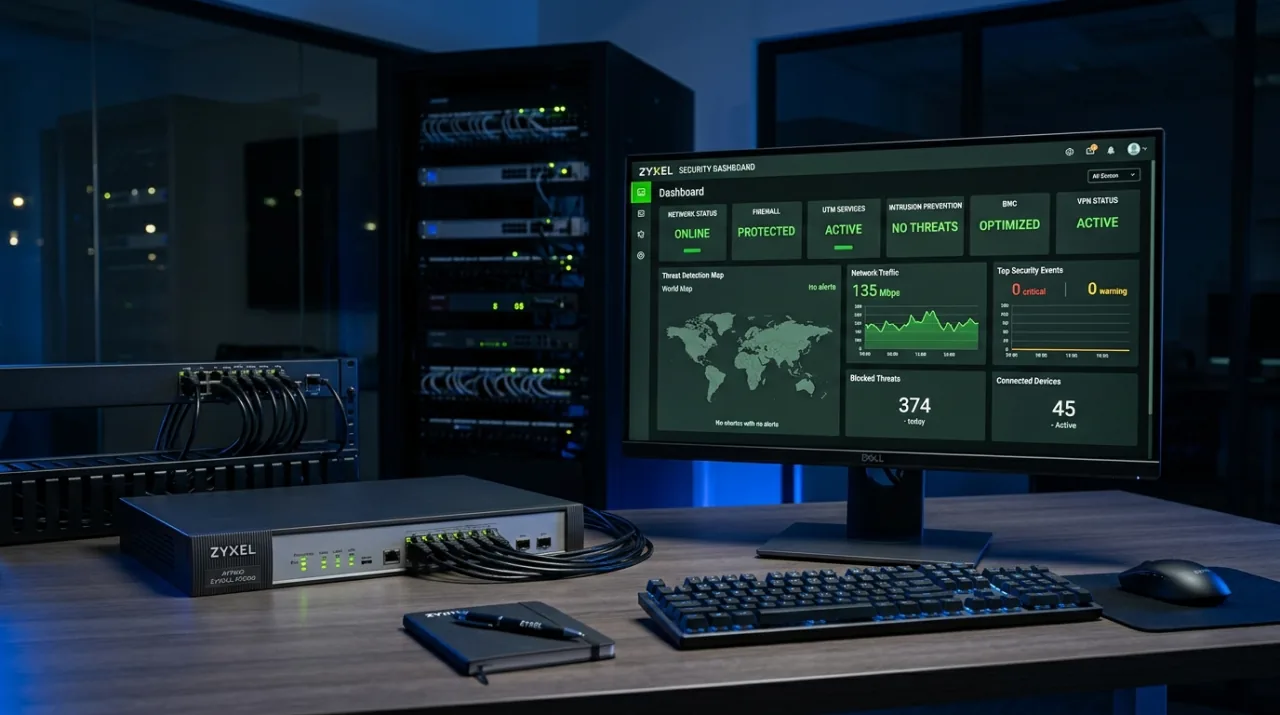 Cybersécurité entreprise à Genève, firewall UTM et tableau de bord de sécurité réseau