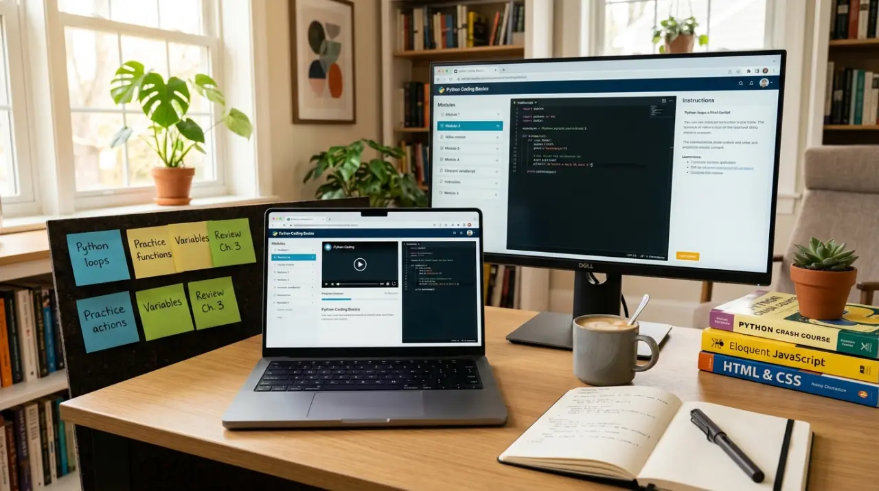 Formation informatique à domicile, MacBook Pro et écran externe avec interface de tutoriel dans un environnement de travail moderne à Genève