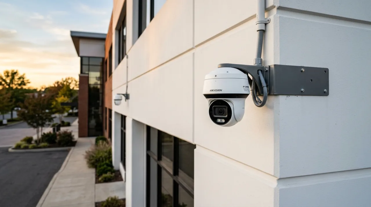 Caméra IP de vidéosurveillance professionnelle installée sur un bâtiment commercial à Genève